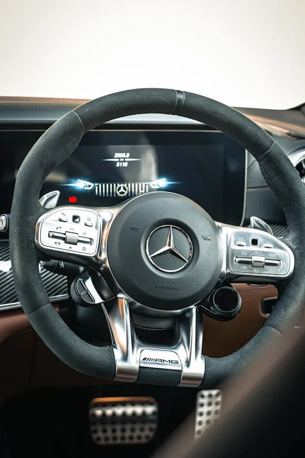 Stylish Interior of Mercedes steering wheel and dashboard