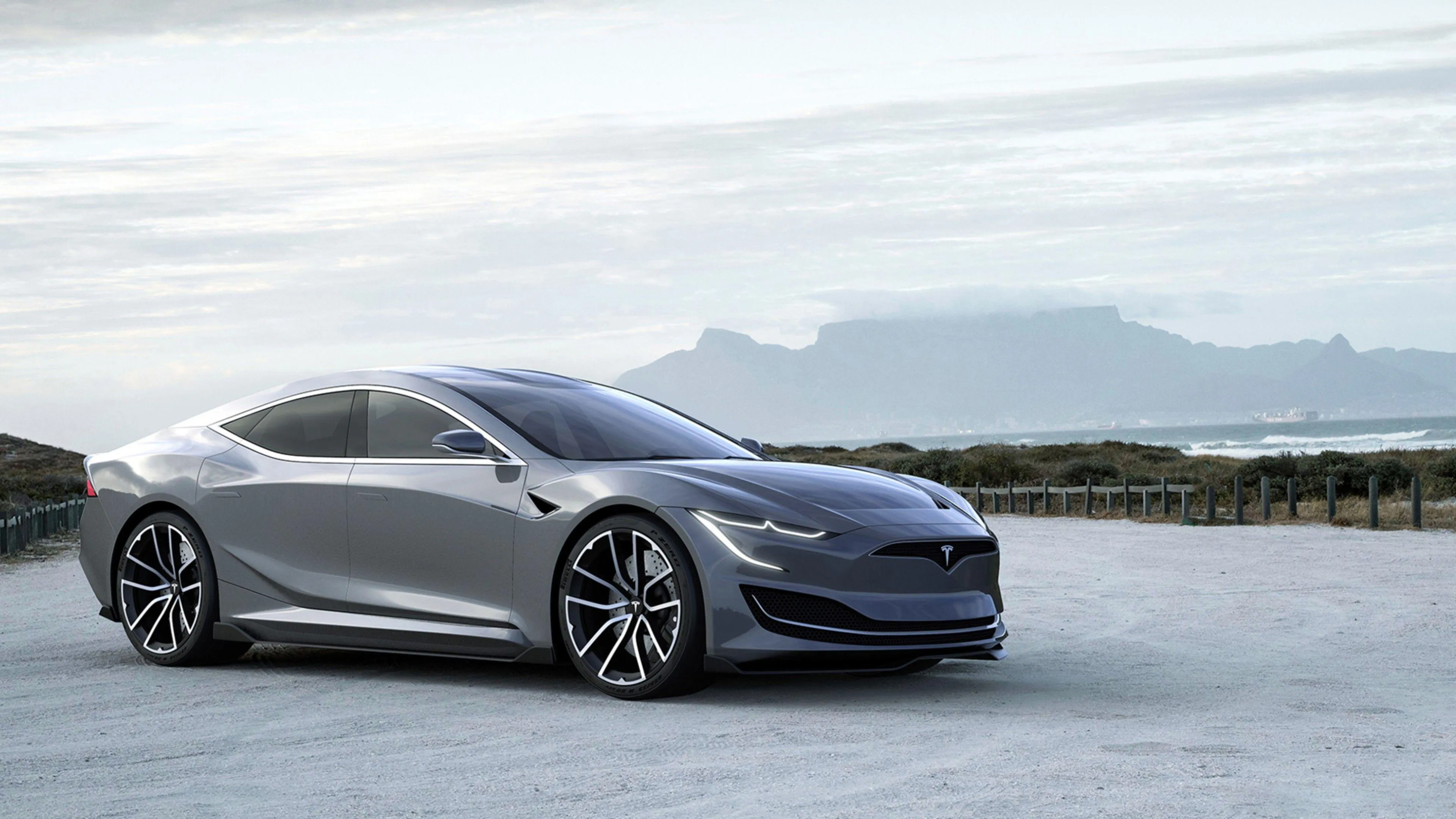 Tesla Model 3 Silver Electric Sedan in Desert Landscape 4K