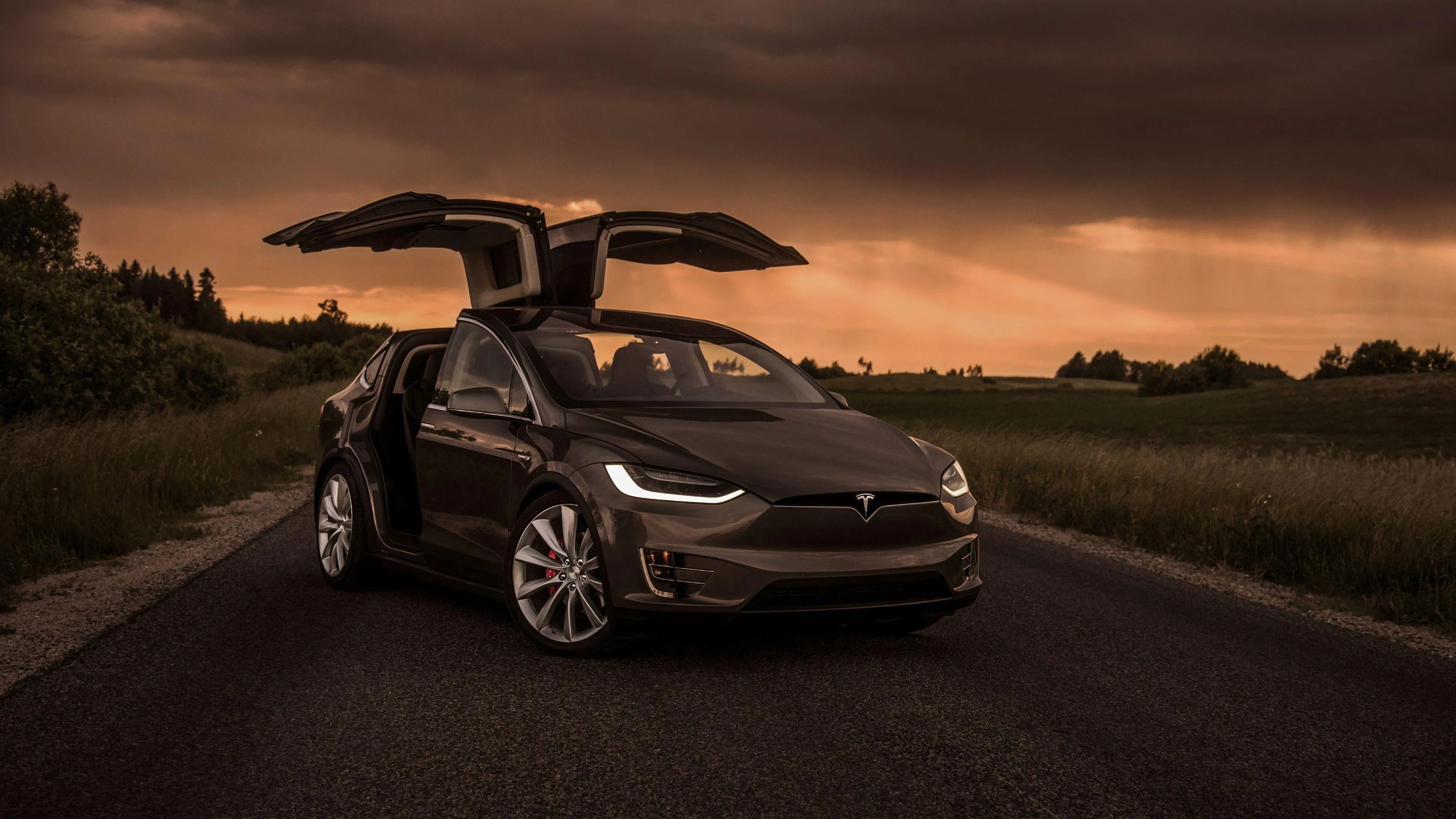 Tesla Model X Wing Doors Open at Sunset Highway HD Download