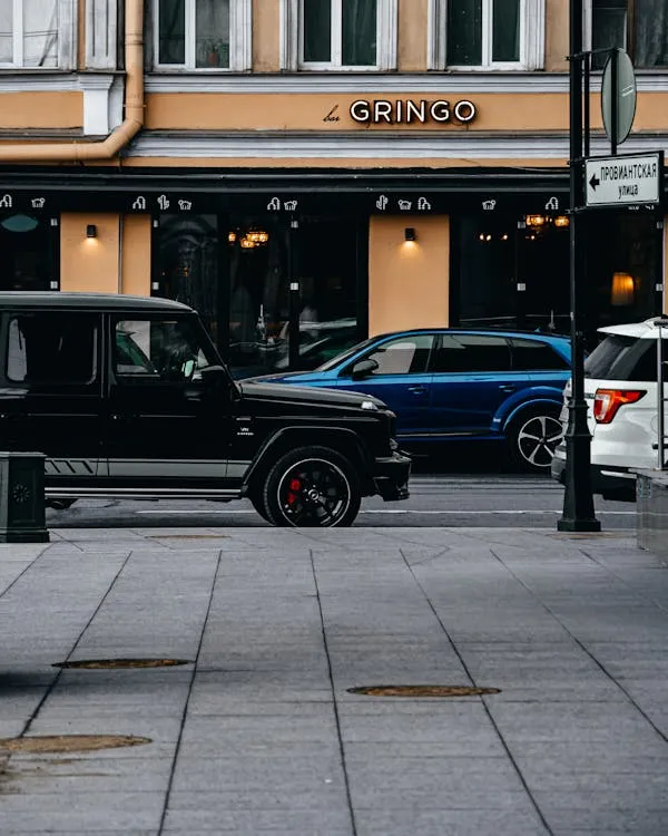 Urban Scene Featuring Parked Black Mercedes Benz Car
