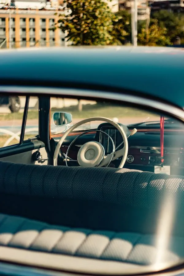 View Inside Classic Benz Through Side Window Wallpaper