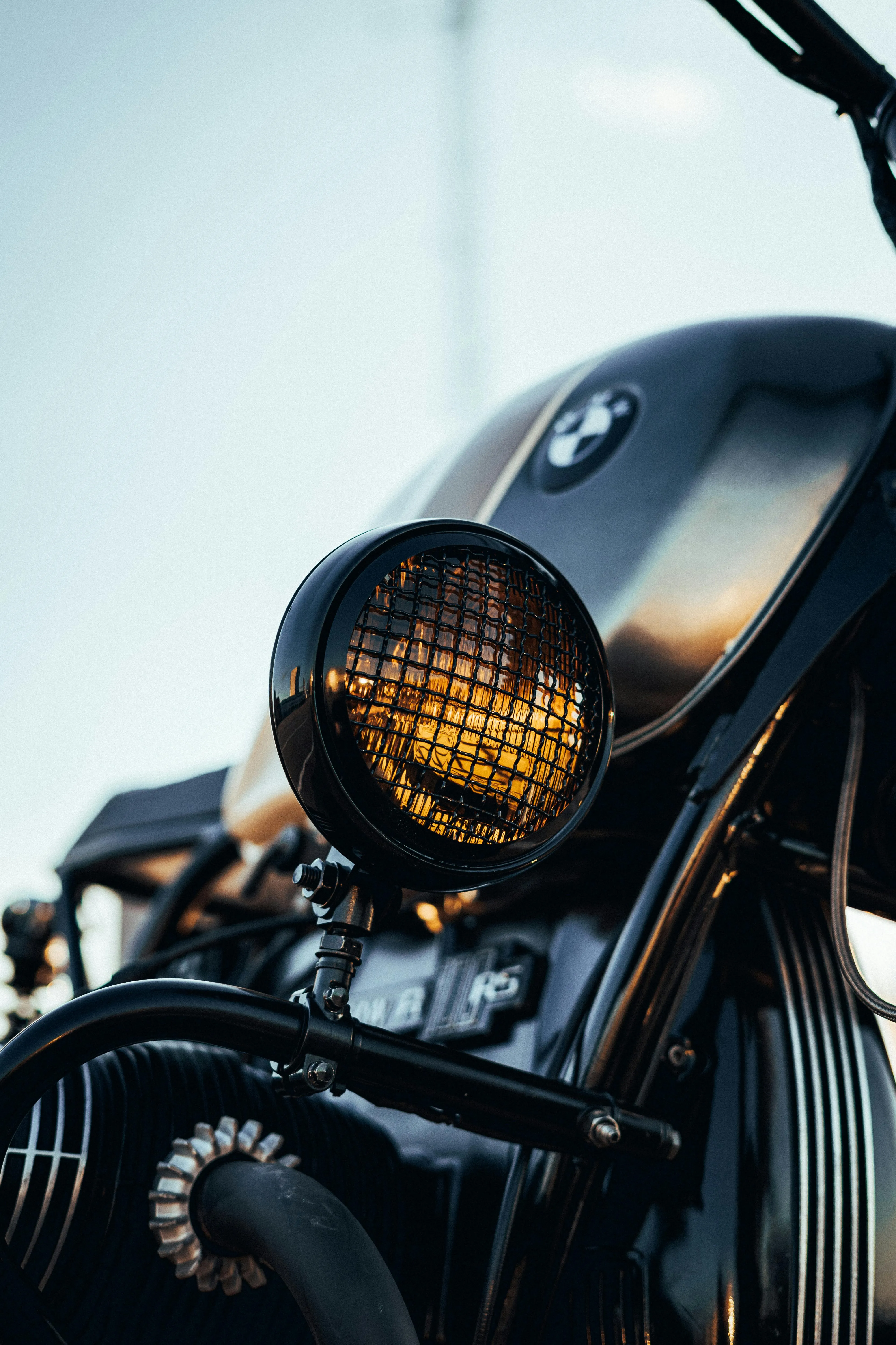 Vintage Bmw Motorcycle with Round Headlight Closeup
