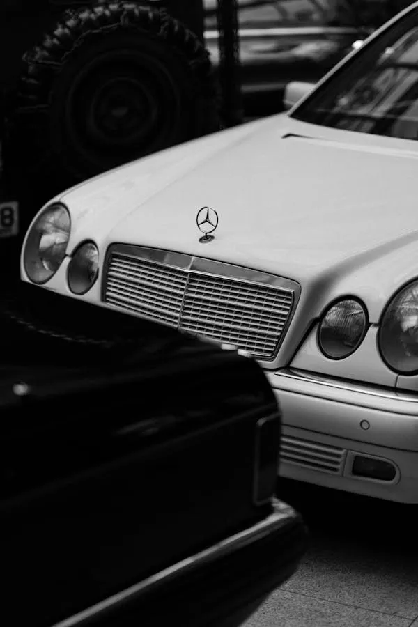 Vintage White Mercedes Benz Front View in Parking Wallpaper