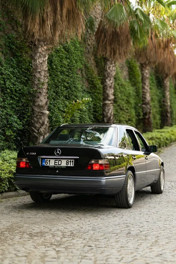 Wallpaper of Classic Black Mercedes Benz Parked by Palm Trees
