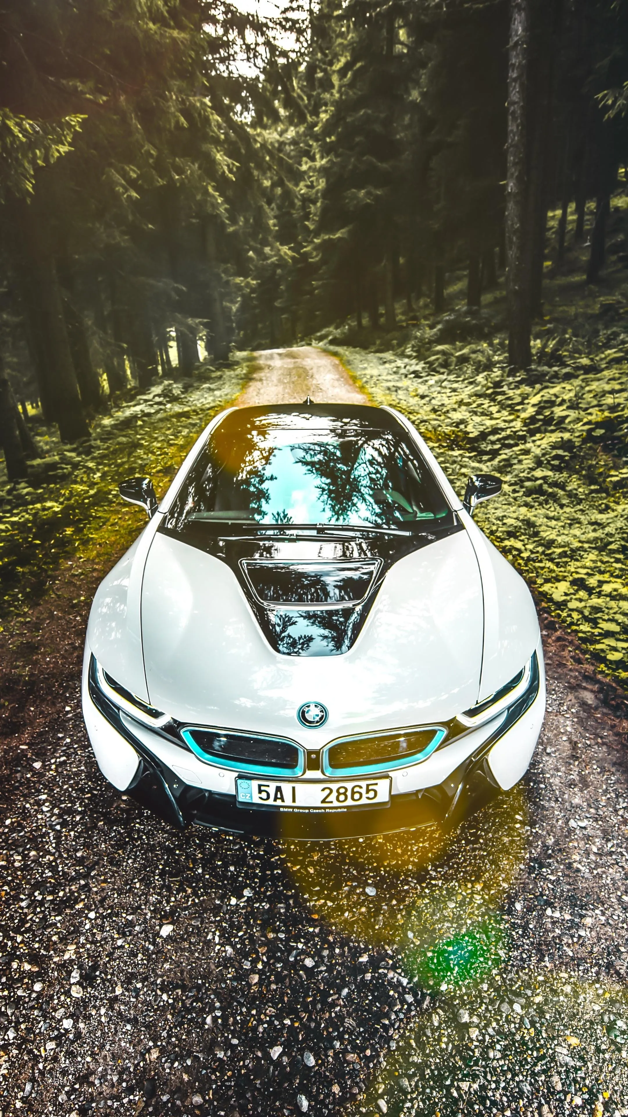 White Bmw I8 Parked on Forest Path Surrounded By Trees