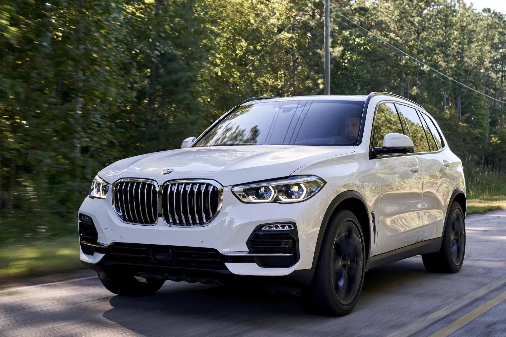 White Bmw Suv Driving Through a Forest Roadway Image