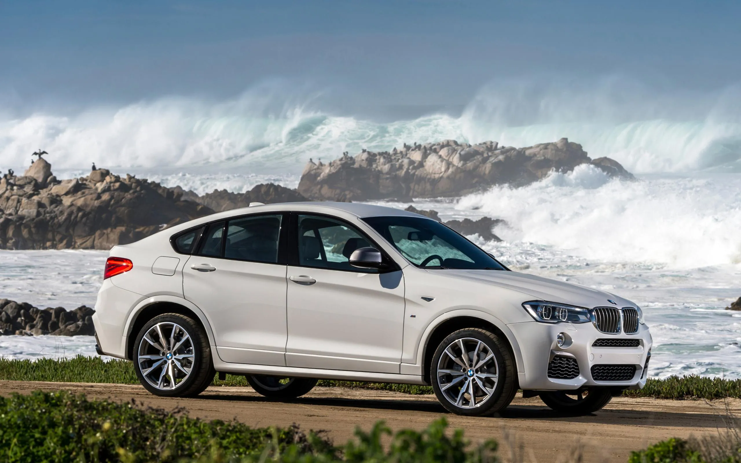 White Bmw Suv Near Ocean Waves on Rocky Coastline Image