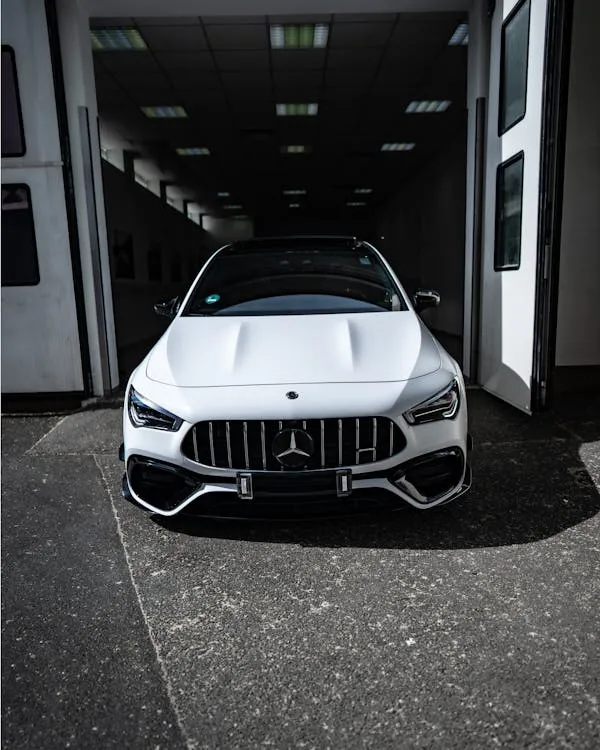 White Mercedes Benz Sports Car in a Modern Garage HD iimage