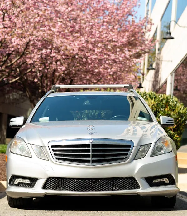 White Mercedes Benz with Roof Rack Under Cherry Blossoms