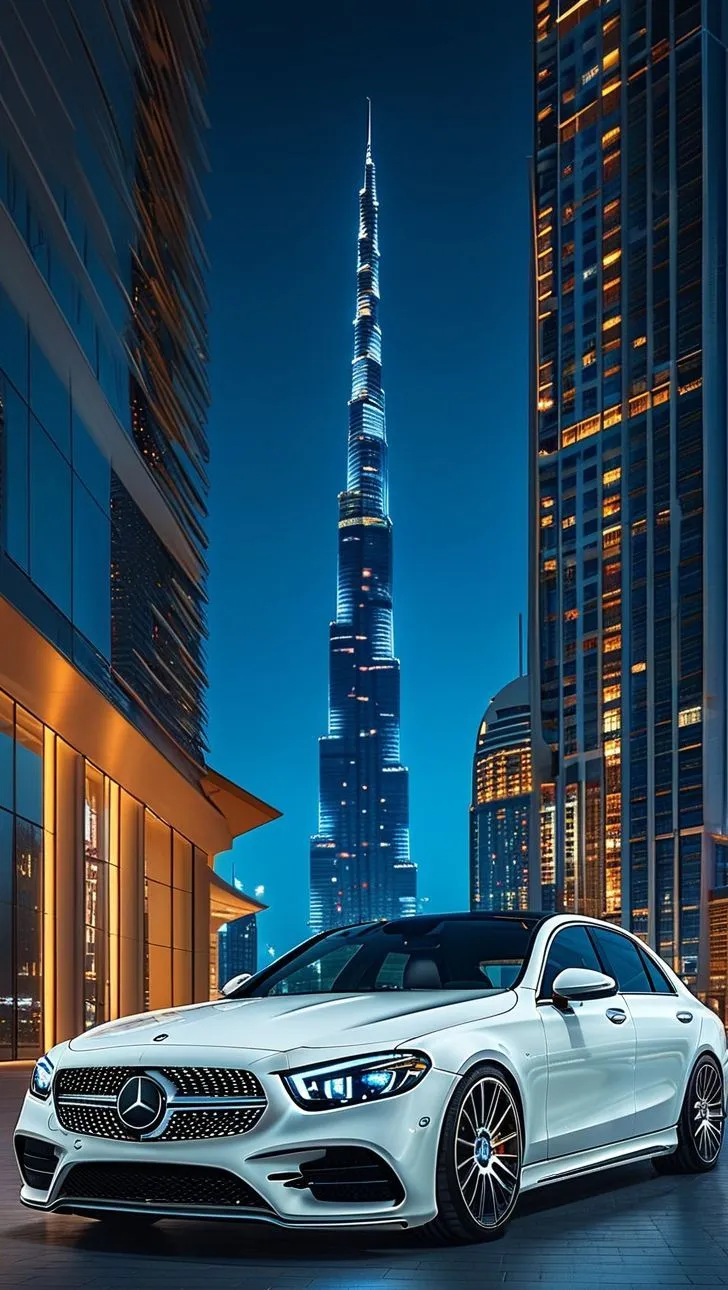 White Mercedes Coupe in Dubai City at Night Background HD