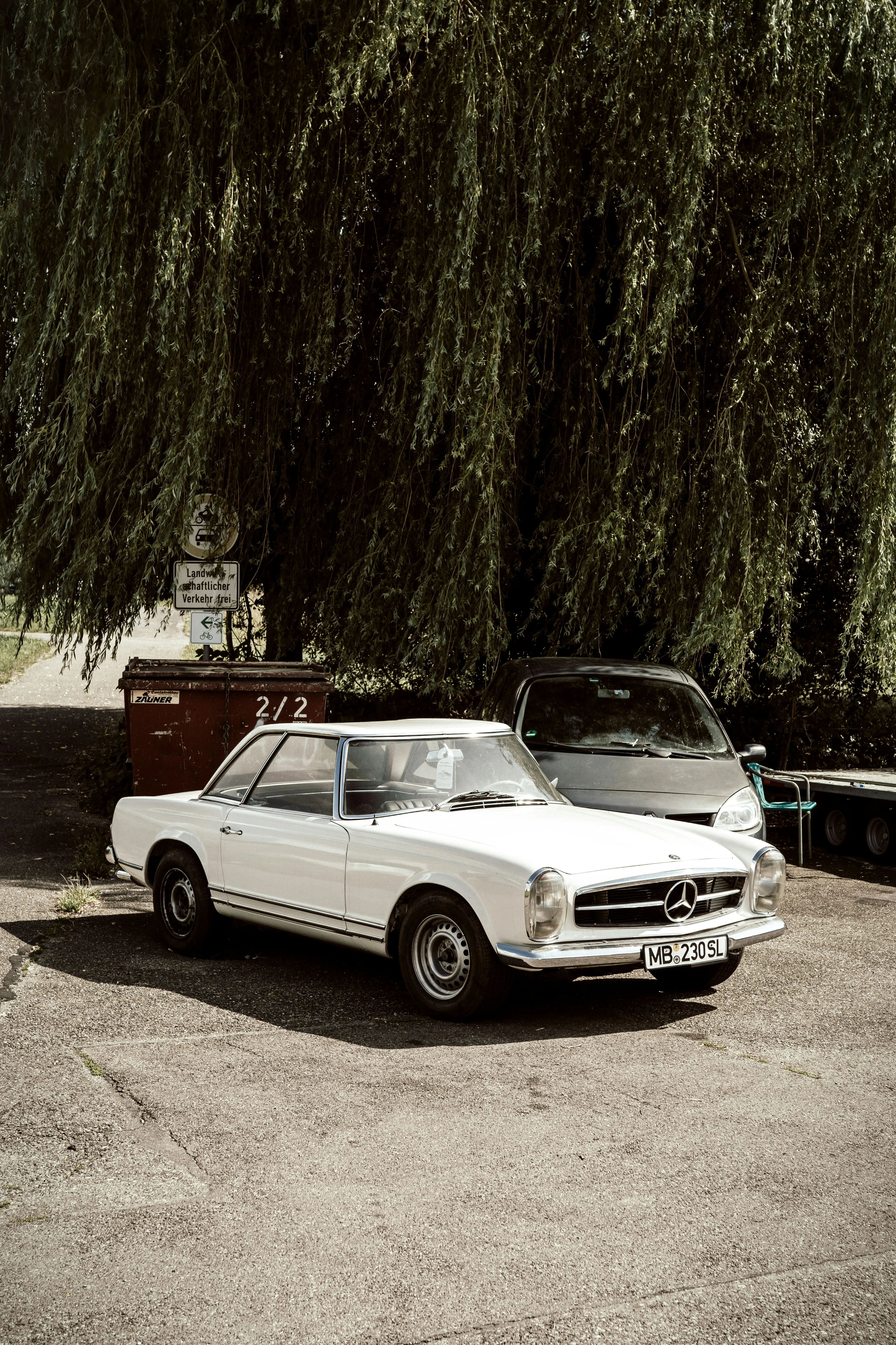 White Vintage Mercedes Benz Under Tree Shade Wallpaper