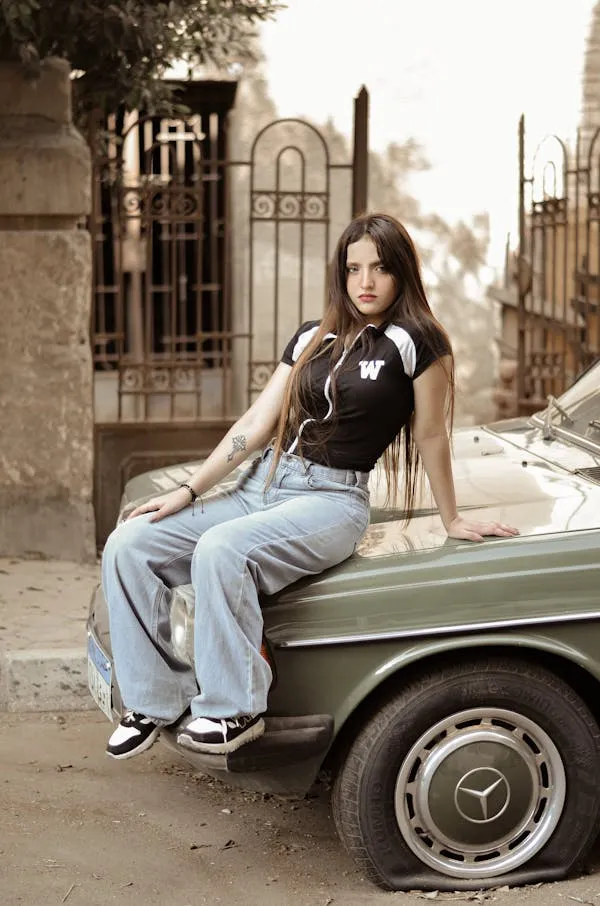 Woman Sitting on Green Vintage Mercedes Benz HD Wallpaper