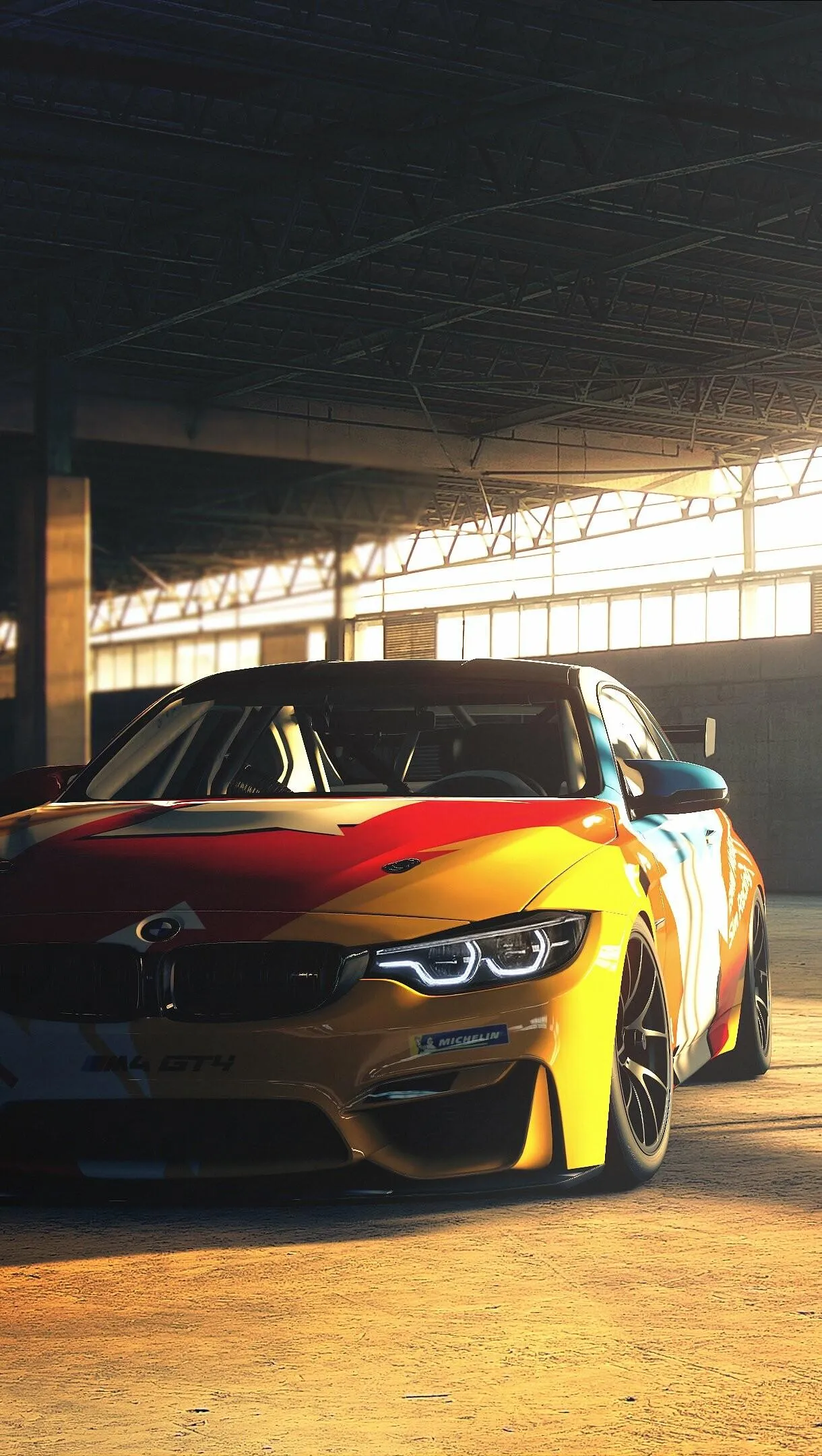 Yellow and Red Bmw in Shadowy Garage with Lights On