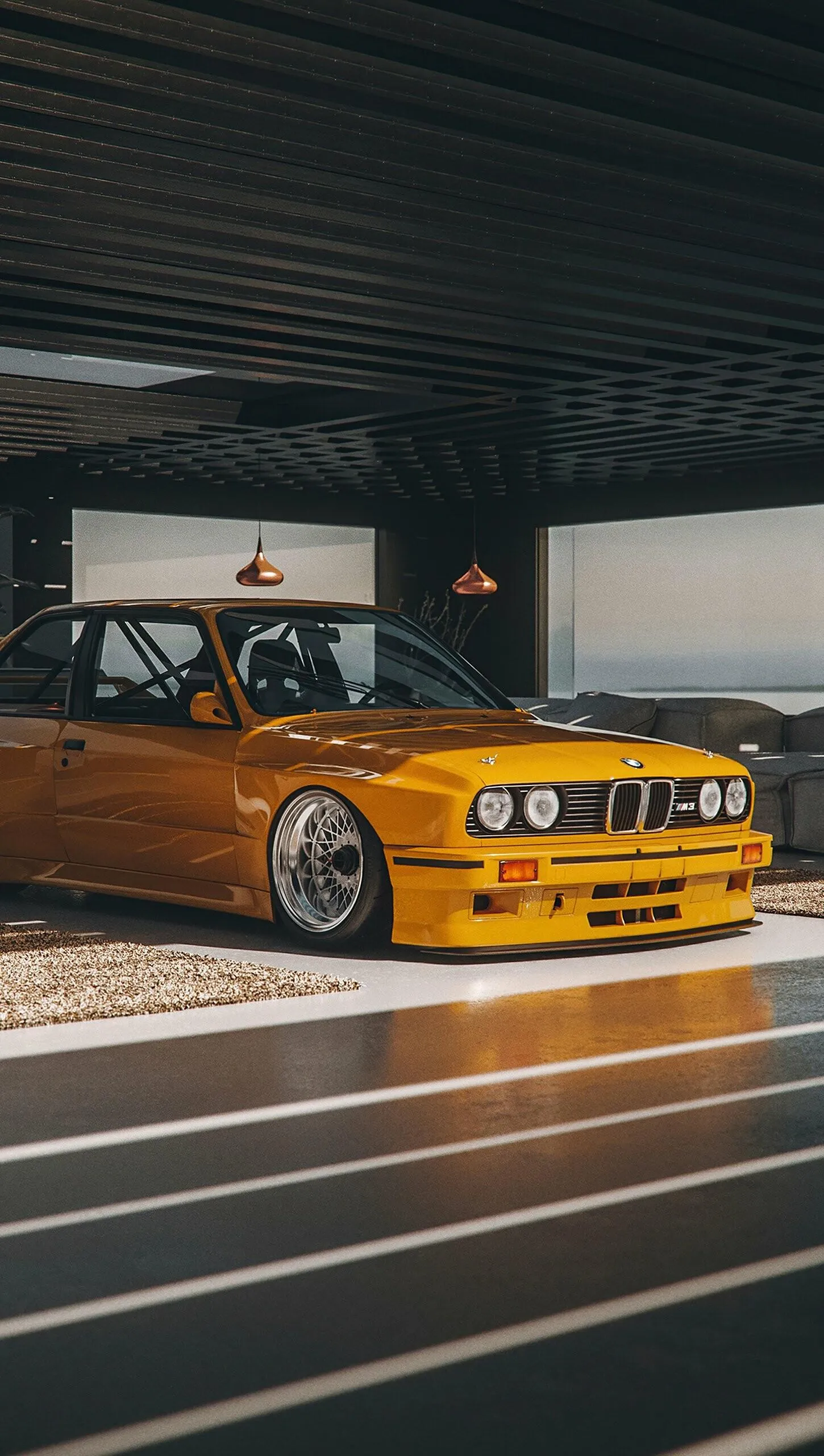 Yellow Bmw Classic Car Parked in Stylish Garage Image