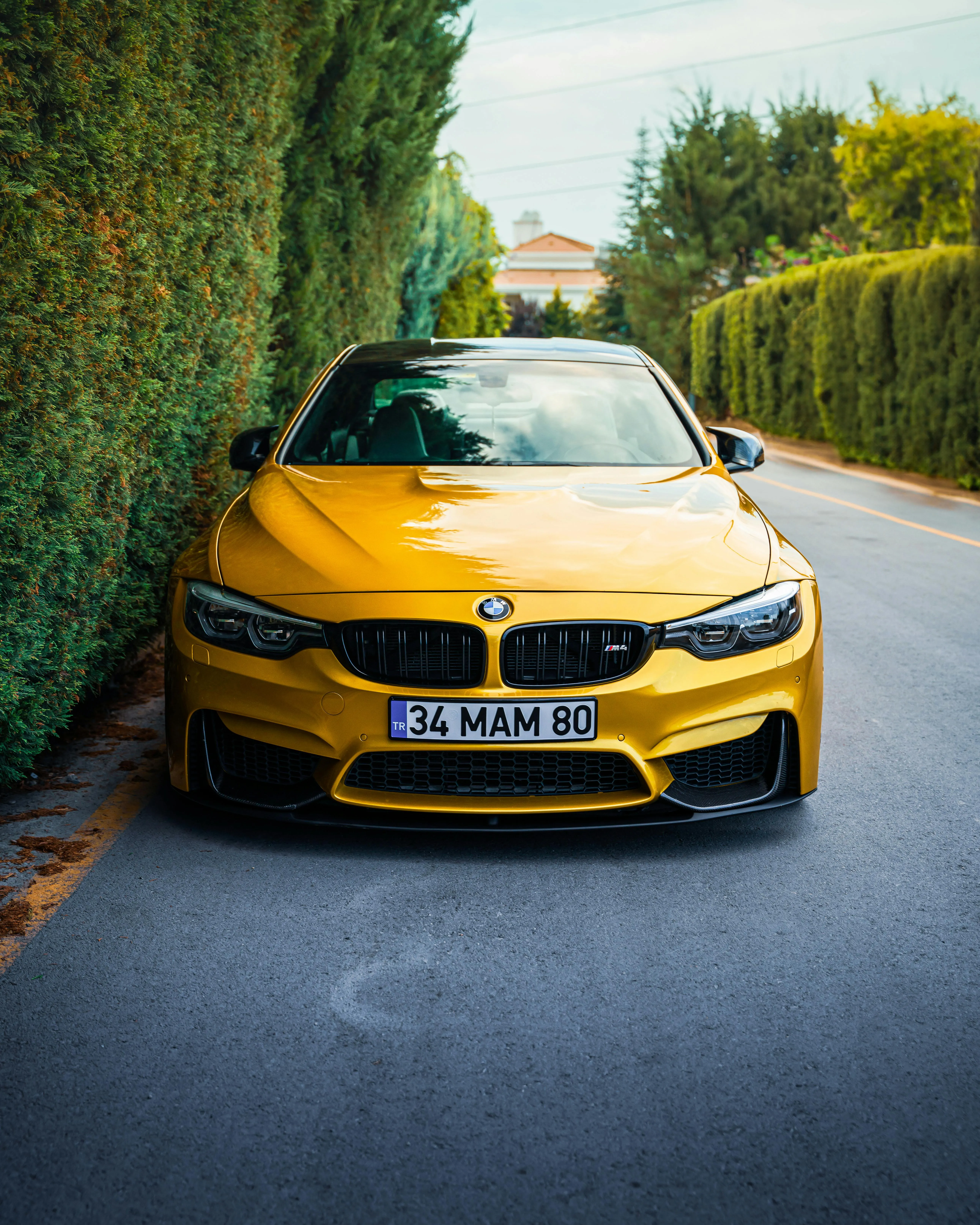 Yellow Bmw Parked on a Quiet Street Between Green Hedges