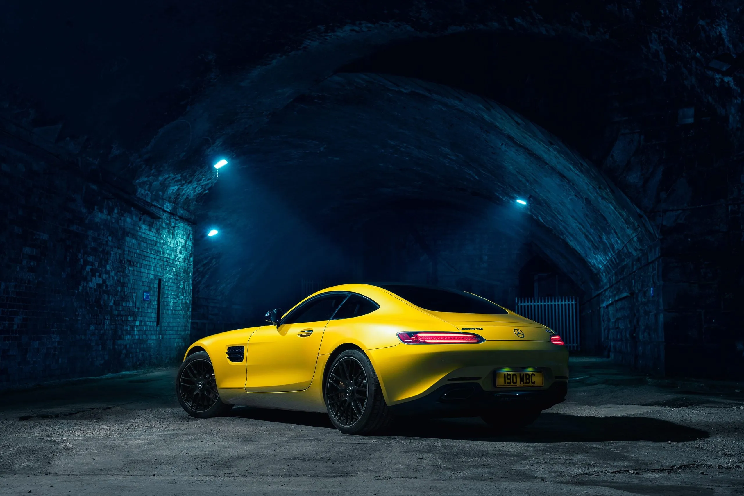 Yellow Mercedes Benz Sports Car in Dark Tunnel Wallpaper