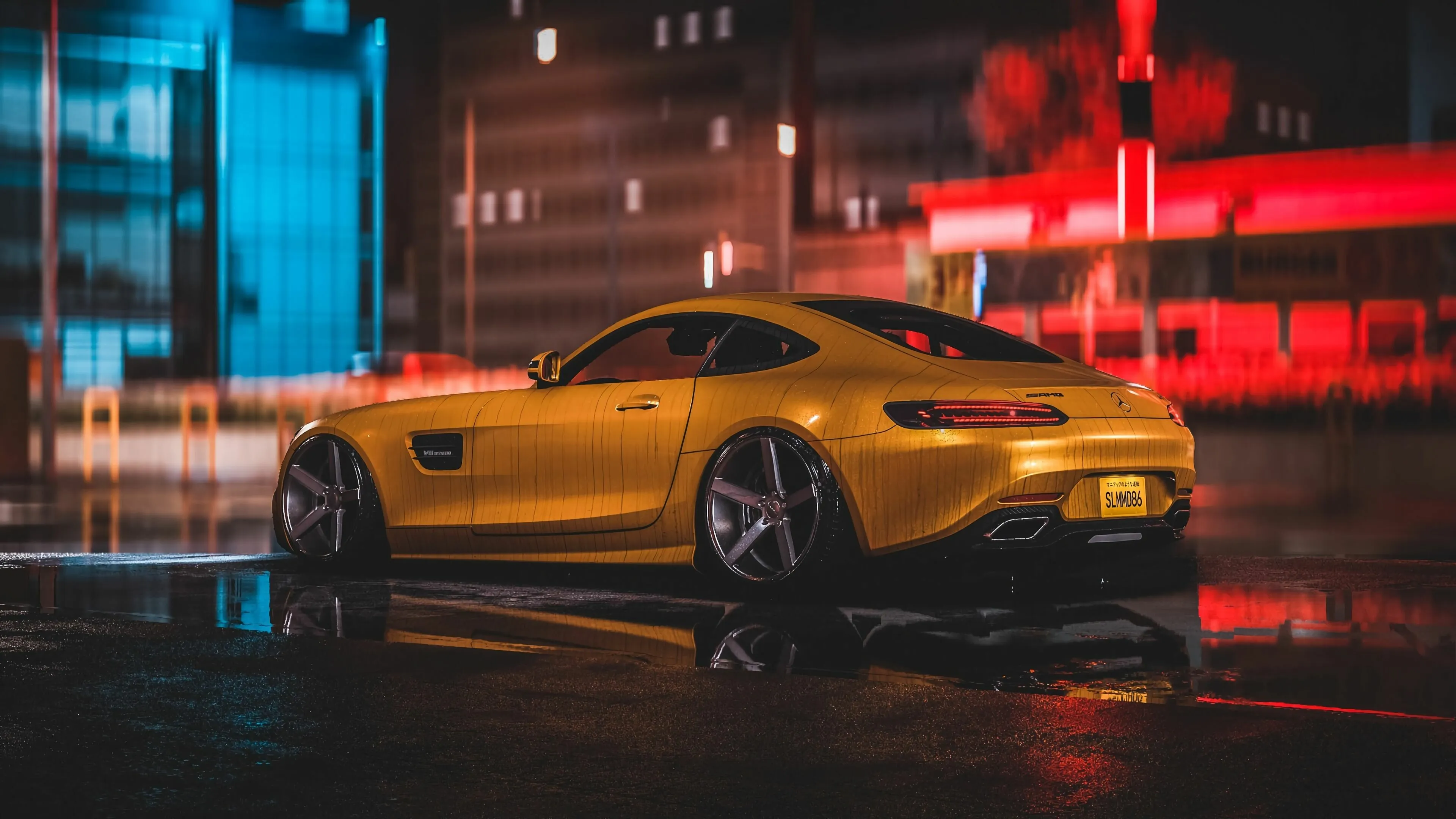 Yellow Mercedes Benz Sports Car in Urban Night Scene