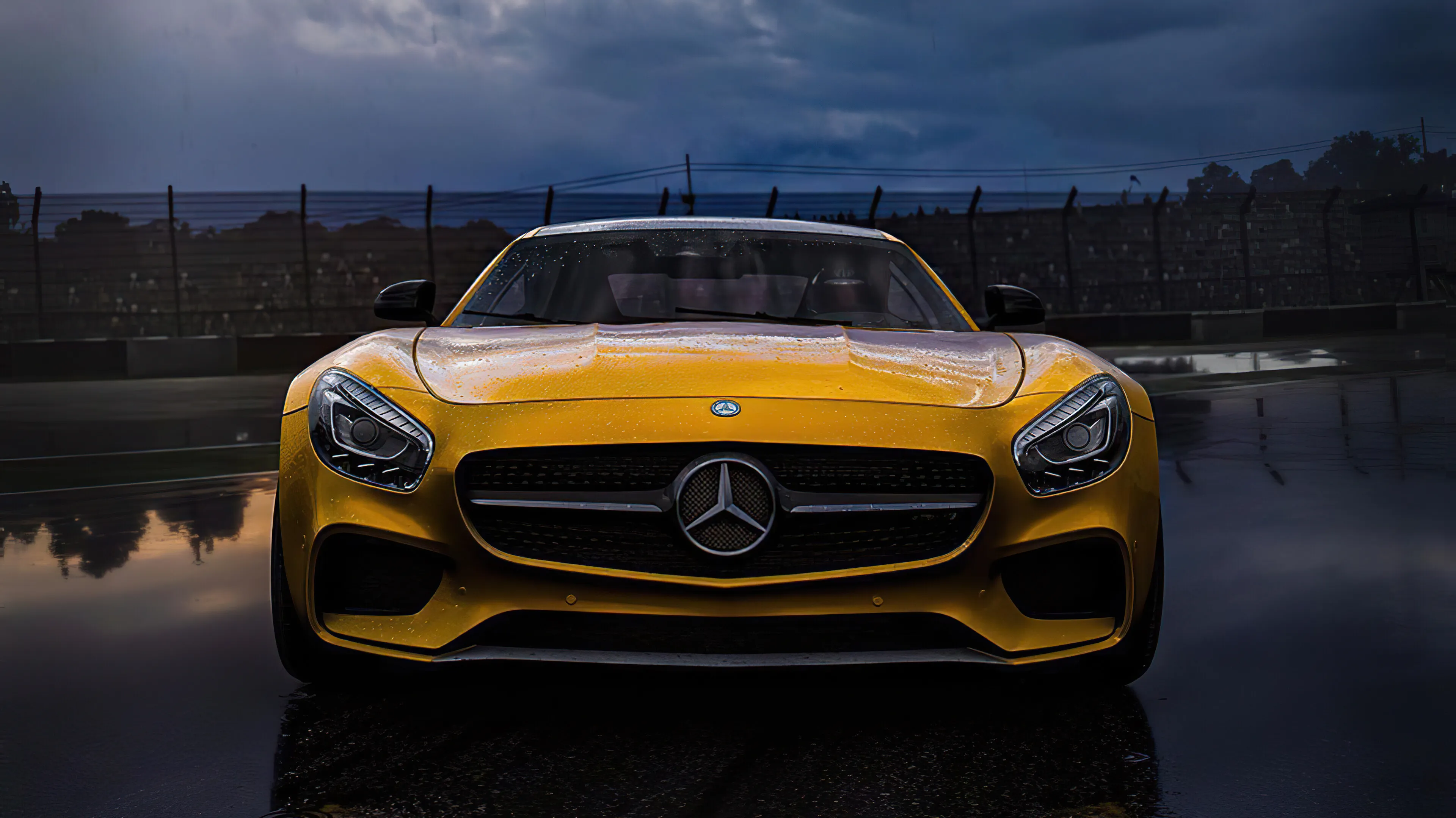 Yellow Mercedes Benz Sports Car Parked at Night Wallpaper