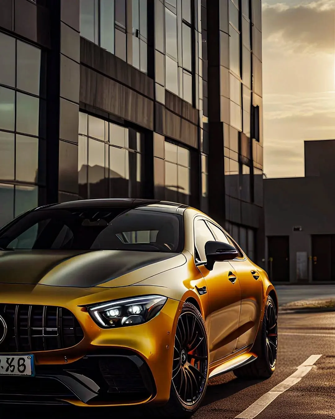Yellow Mercedes Coupe Near Glass Building at Dusk Wallpaper