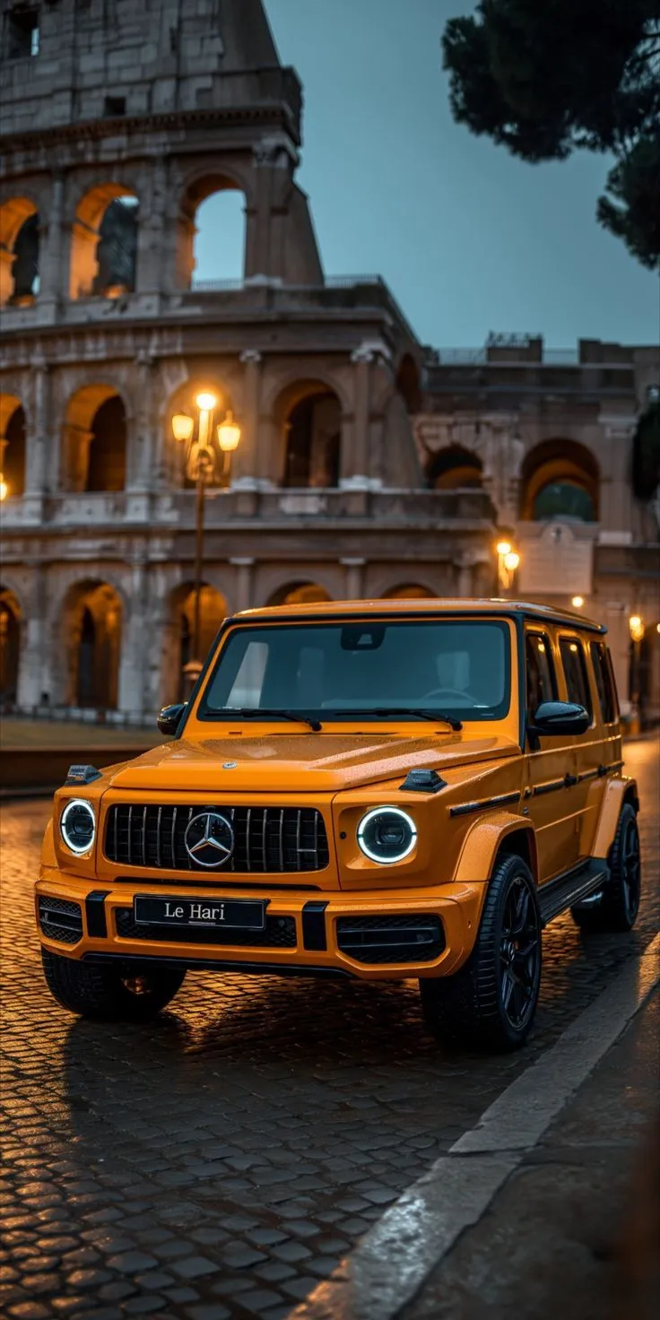 Yellow Mercedes SUV in Front of Historic Rome Building